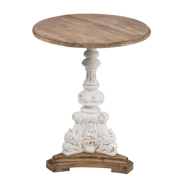 27 Inch Side End Table, Mango Wood, Round, Turned Pedestal, White, Brown