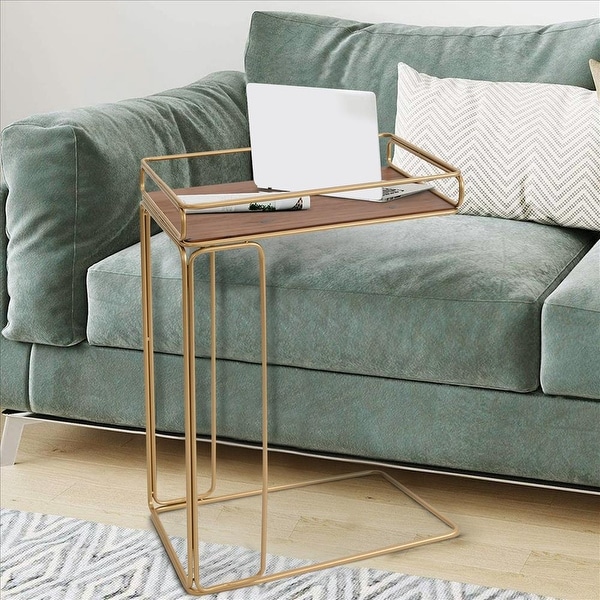C Shaped Side Table with Metal Frame, Brown and Gold - Brown and Gold - 9.85 L x 16.15 W x 24.82 H Inches