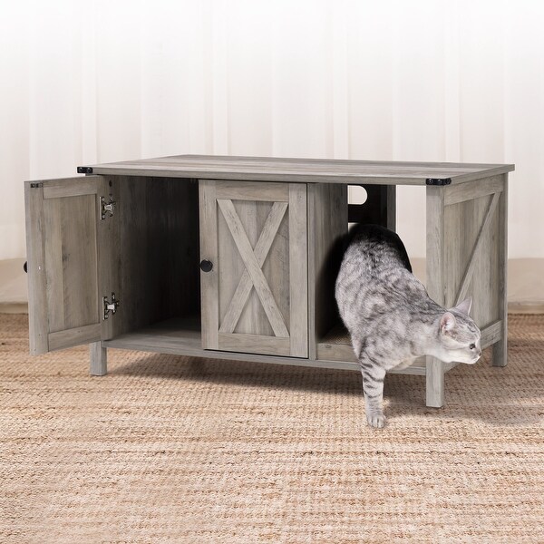 Cat Litter Box Enclosure, Hidden Wood Cat Washroom Furniture with Scratching Post - 33.6