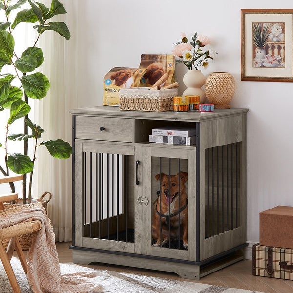 Industrial Furniture Style Dog Crate Dog Kennel with Loackable Door and Removable Bottom Tray, Side Table End Table with Storage