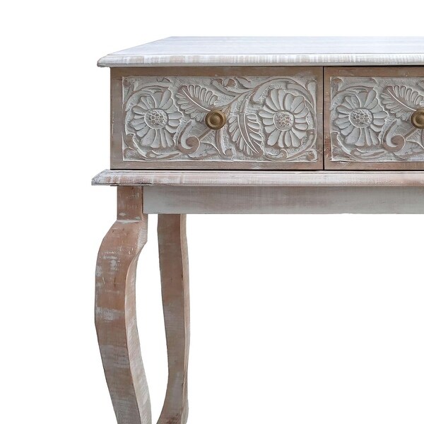 （Preferred Choice for Luxury wood Furniture)2 Drawer Mango Wood Console Table with Floral Carved Front; Brown and White - 35