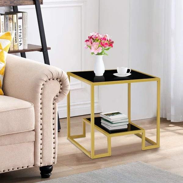 Kinbor Modern Glass End Table, Square Side Table w/ Open Storage Shelf, Tempered Glass Top, Small End Tables for Living Room