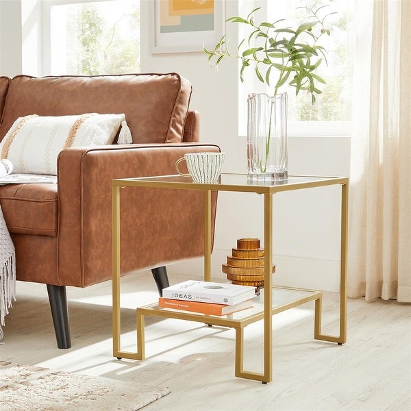 Side Table, End Table, Nightstand, Glass Shelves, Steel Frame, for Living Room Bedroom, 19.7 x 19.7 x 19.7 Inches, Golden