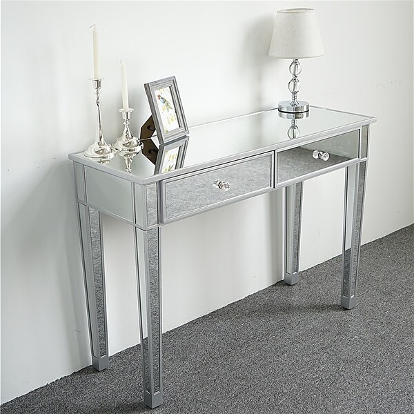 Mirrored 2-Drawer Media Console Table, Makeup Table Desk Vanity for Women Home Office Writing Desk Smooth Matte Silver Finish