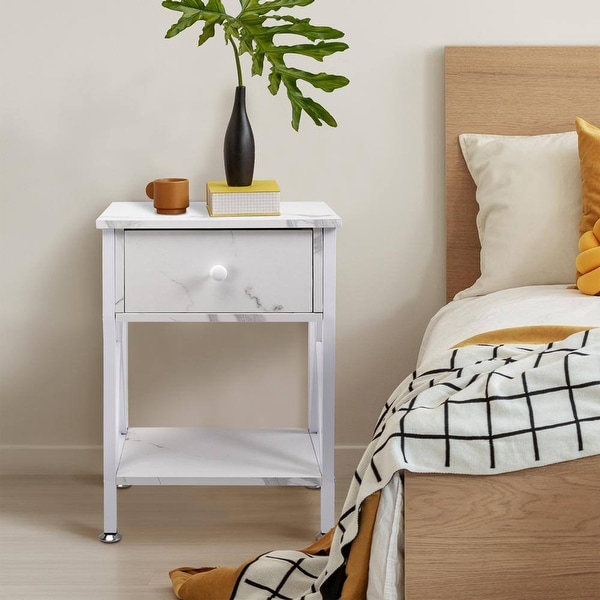 Nightstand with Drawer and Open Storage Shelves, Bedside End Table for Bedroom Living Room