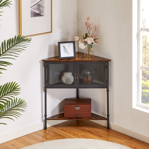 VECELO 3-Tier Corner Shelf with Storage Cabinet and Doors