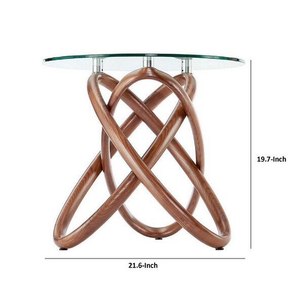 Cid 22 Inch Modern Side Table, Round Glass Top, Curved Wood Frame, Brown - 21.6L x 21.6W x 19.7H Inches