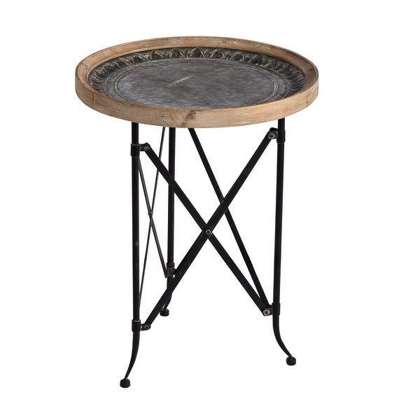25 Inch Classic Round Side Table, Wood Top, Metal Frame, Vintage, Brown