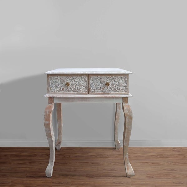 （Preferred Choice for Luxury wood Furniture)2 Drawer Mango Wood Console Table with Floral Carved Front; Brown and White - 35