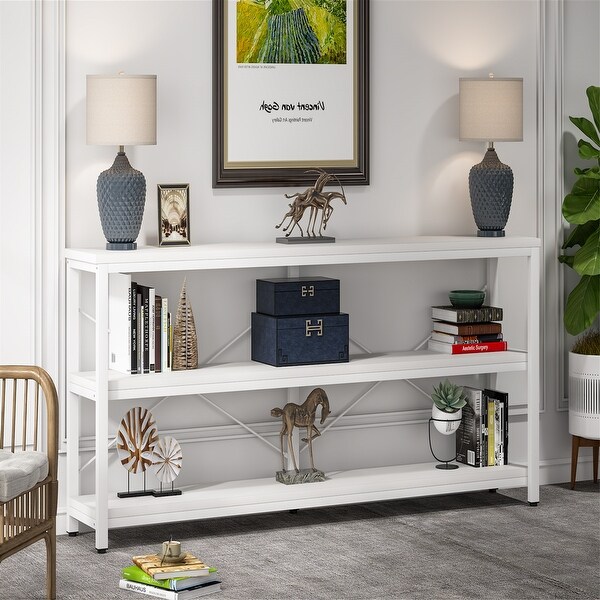 Brown Industrial Extra Long Console Sofa Table,White/ Gold 3 Tiers TV Stand