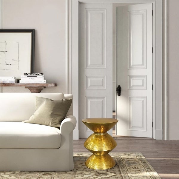 21 Inch Round Aluminum Side End Table, Hammered Embossed Metal Surface, Turned Pedestal Base, Gold - 14.5 L x 14.5 W x 20.5 H