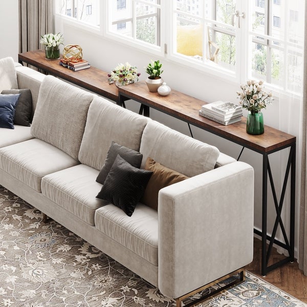 Industrial Sofa Table Set of 2, Narrow Long Sofa Console Tables with Wheels for Entryway
