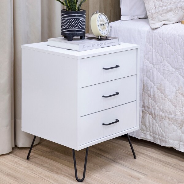 Harper 24 Inch Handcrafted Modern Wood Nightstand, 3 Drawers, Metal Hairpin Legs, White
