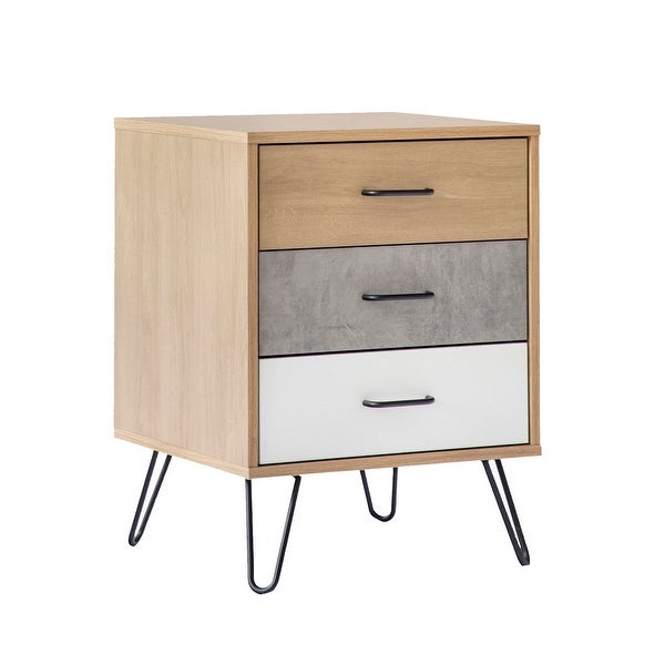 Harper 24 Inch Handcrafted Modern Tricolor Wood Nightstand, 3 Drawers, Metal Hairpin Legs, Oak, White, Gray