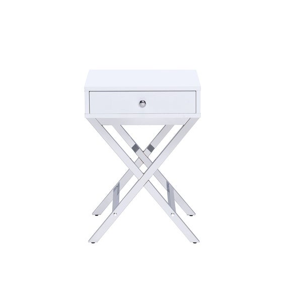Modern Coleen Side Table with 1 Drawer, White and Chrome