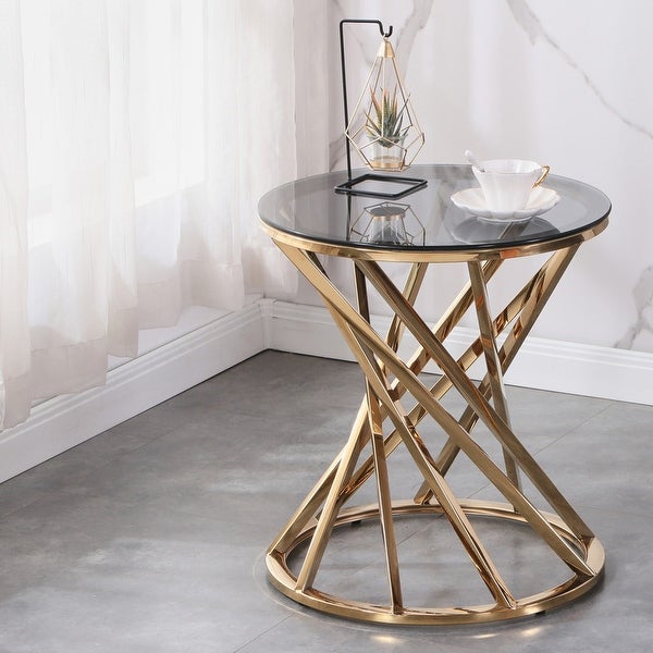 Round Glass Top Side Table with Stainless Steel Frame for Living Room, Modern Spiral Center Table Small Coffee Table End Table