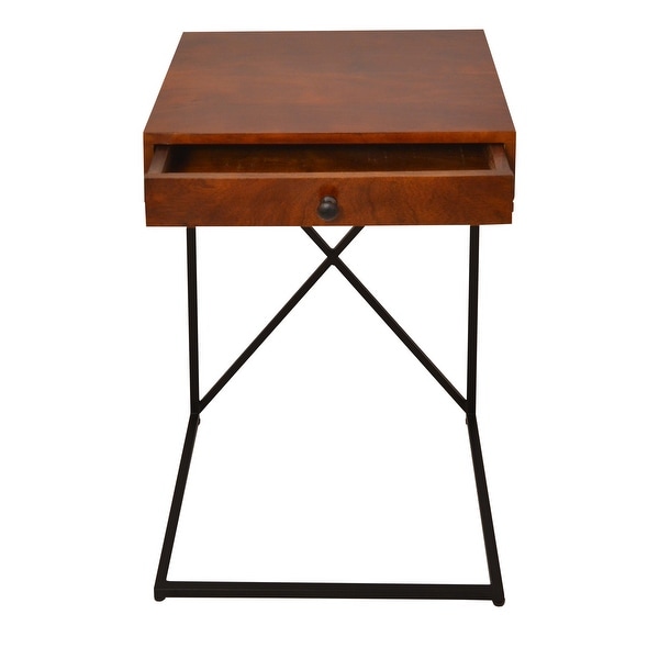 Wooden Sofa Side Table with 1 Drawer and Metal Frame, Brown and Black