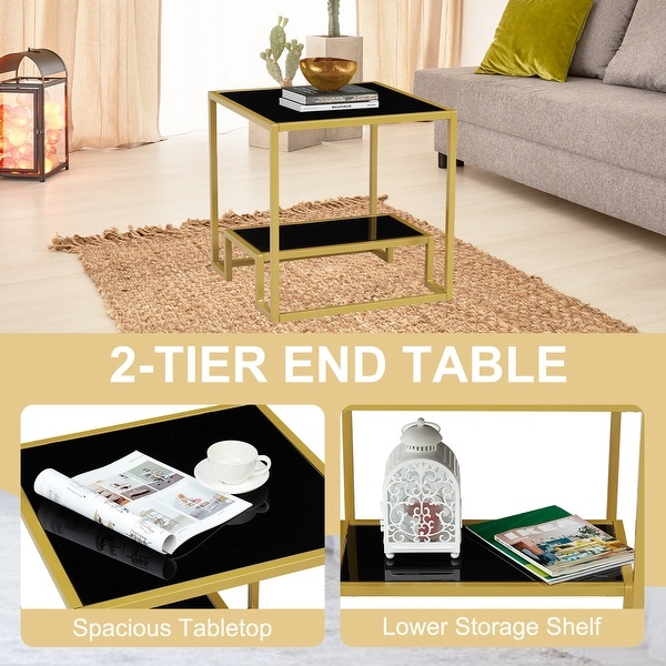 Kinbor Modern Glass End Table, Square Side Table w/ Open Storage Shelf, Tempered Glass Top, Small End Tables for Living Room