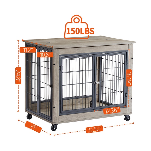 Industrial Wooden Iron Dog Crate, Dog Kennels with 3 Doors and Wheels, Pet Crate Side End Table for Medium and Small Dog