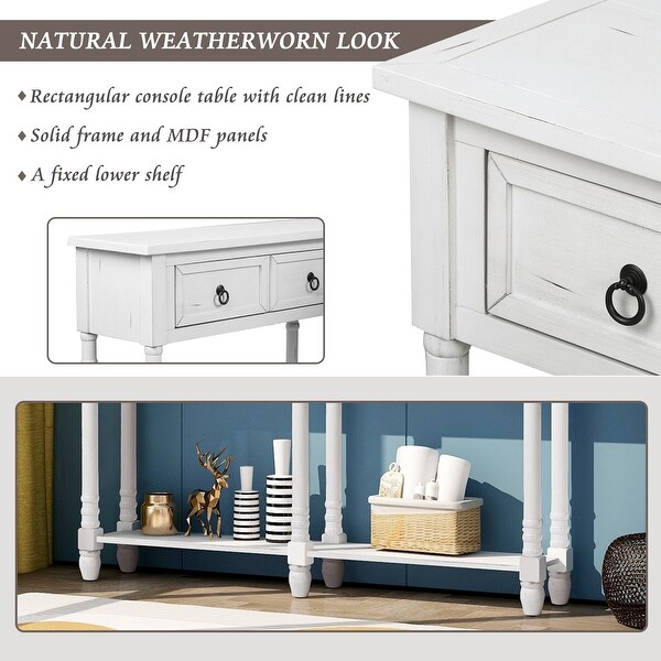 Rectangular Console Table Sofa Table with Drawers and Long Shelf, Walnut