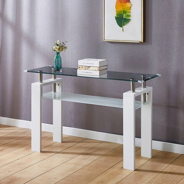MDF Console Table, Tempered Glass Top, Modern Foyer Area Table, Wide High-Gloss MDF Legs