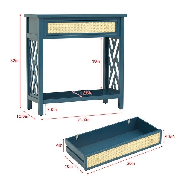 Kinbor Wood Console Table with Rattan Drawer and Bottom Shelf, Modern Sofa Table Entry Hallway Table for Living Room Bedroom