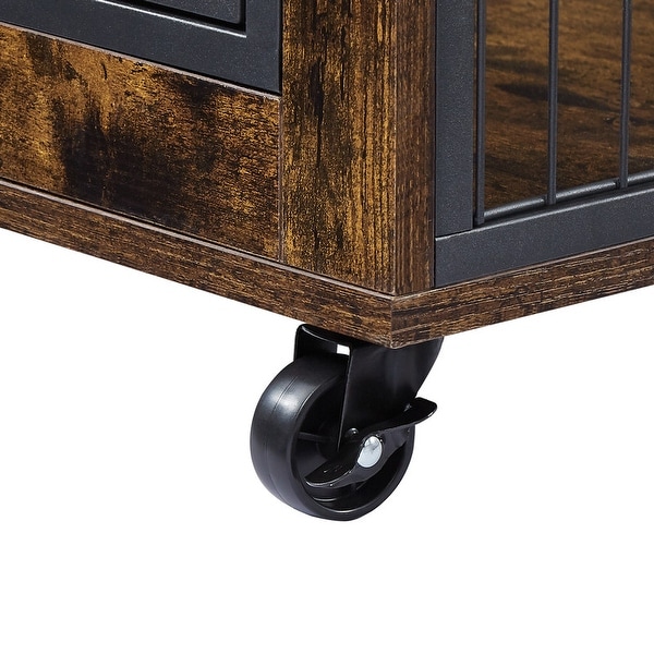 Industrial Wooden Iron Dog Crate, Dog Kennels with 3 Doors and Wheels, Pet Crate Side End Table for Medium and Small Dog