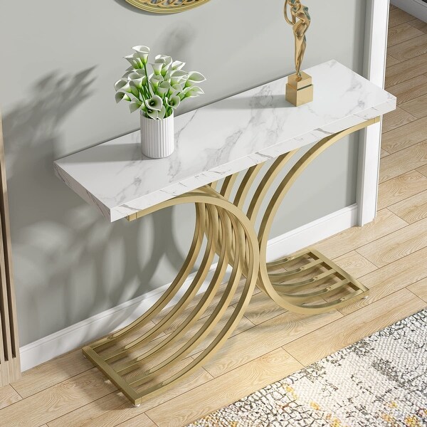 Gold Entryway Console Table with Metal Base, Modern foyer Entry tables, Narrow Sofa Accent Table with Marble Top