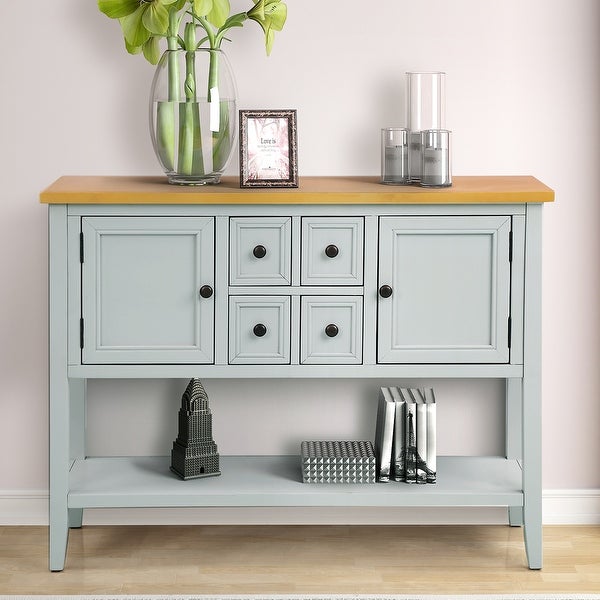 Wooden Console Table with 4 Storage Drawers and 2 Cabinets, Sofa Table with Bottom Shelf and Solid Wood Legs, Lime White