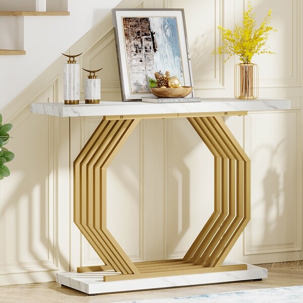 40 Inch Modern Gold Console Table, Faux Marble Entryway Table for Living Room