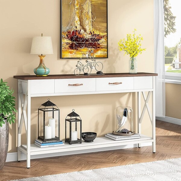 70.9 Inch Extra Long Console Table Sofa Table with Drawers,Walnut/White