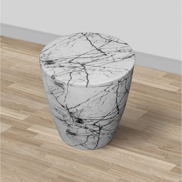 16 Inch Round Accent Side Table, Aluminum Sheet, Faux Marble, Enamel Coating, White - 16 H x 15 W x 15 L