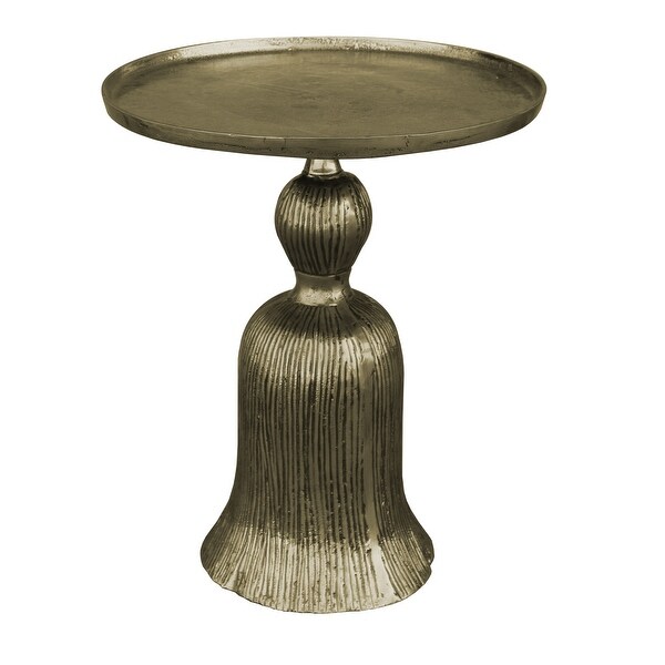 23 Inch Classic Vintage Accent Side Table, Round Tray Top, Aluminum, Pedestal Base, Ridges, Antique Brass