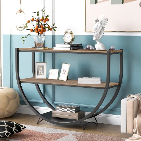 Rustic Industrial Demilune Shape Console Table Textured Metal Distressed Wood End Sofa Table with 2-Tier Shelf, Brown