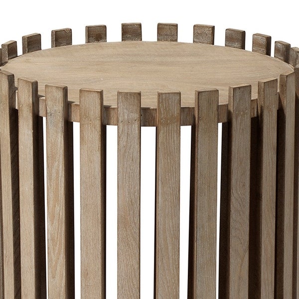 Side Table with Slatted Design Drum Silhouette, Washed brown - 15 L x 15 W x 21 H