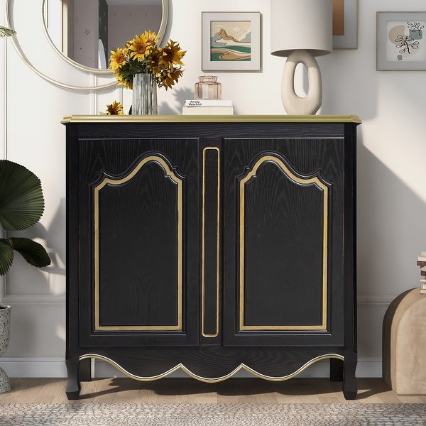 Accent Storage Cabinet with 2 Doors,Pure Hand Drawn,Solid Wood Legs