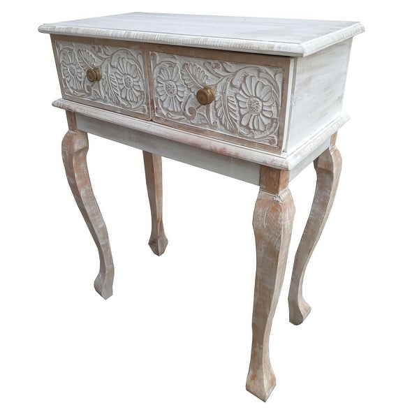 （Preferred Choice for Luxury wood Furniture)2 Drawer Mango Wood Console Table with Floral Carved Front; Brown and White - 35