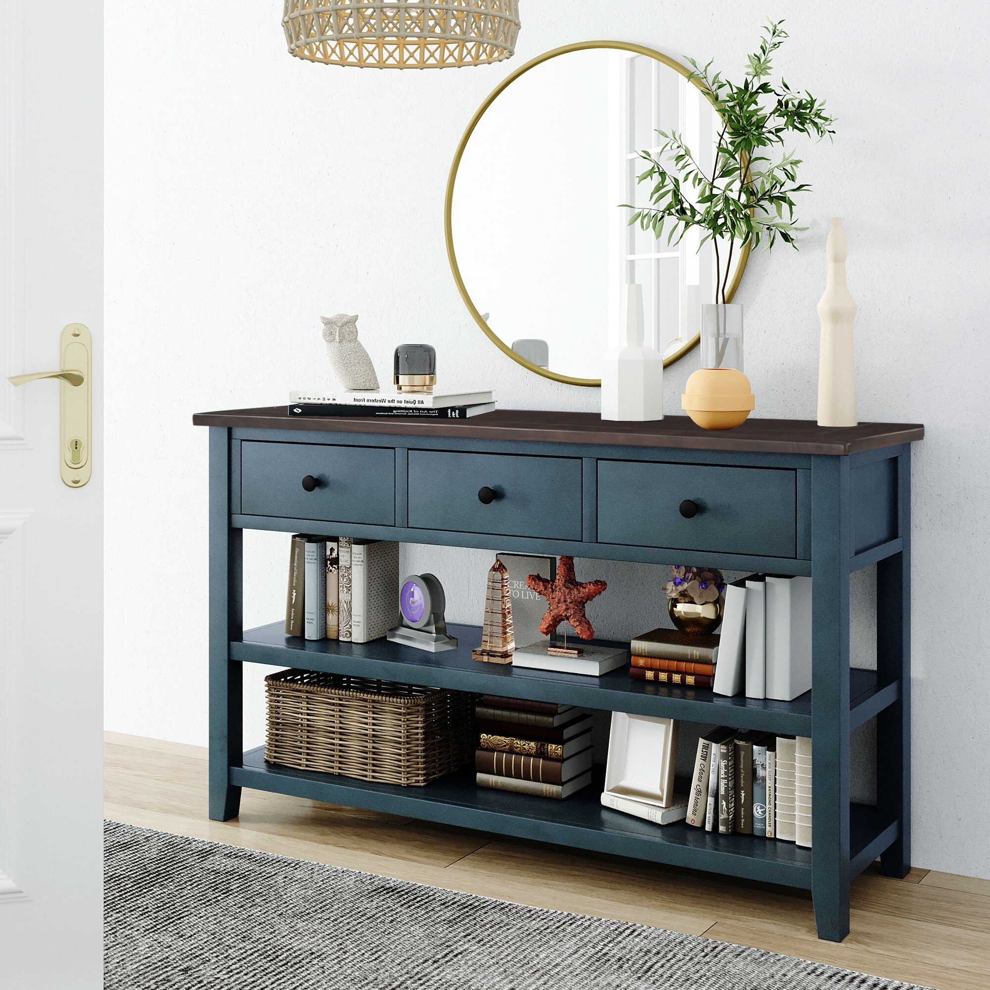 Mid-Century Style Console Table with 3 Drawers 2 Open Shelves, Modern Sofa Table with Solid Wood Frame and Legs for Living Room