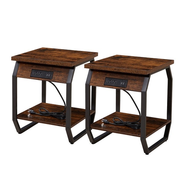 Set of 2 Side Tables with Charging Station, End Tables with USB Ports and Sockets, Bedside Tables for Living Room, Bedroom