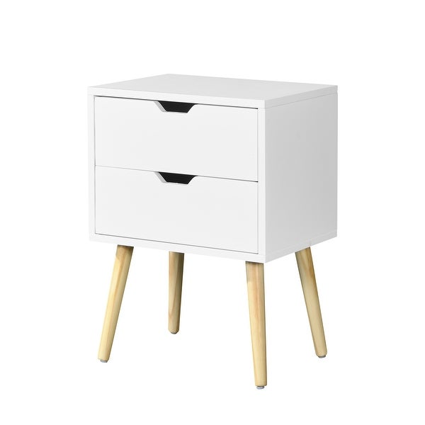 Side Table with 2 Drawer and Rubber Wood Legs, Mid-Century Modern Storage Cabinet for Bedroom Living Room