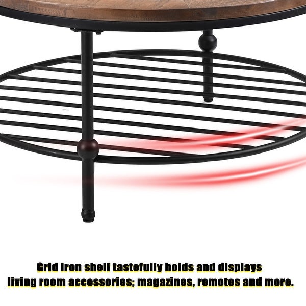 Round Console Table with a Storage Shelf and Solid Iron Support Base, Classic Rustic Coffee Table for Living Room, Easy Assembly