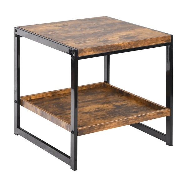 2-tiers Storage Shelf Sofa Table Antique Brown Square Coffee Table with Metal Frame Side Table for Living Room,Bedroom