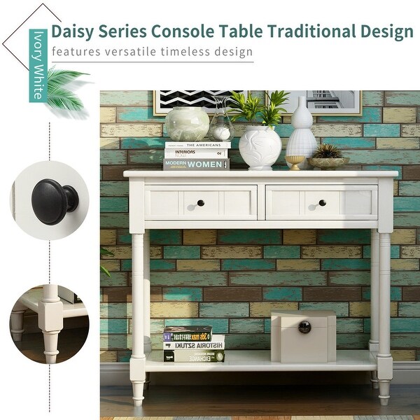 Vintage Console Table w/2 Drawers and Shelf,Pine Wood Frame(Ivory White)