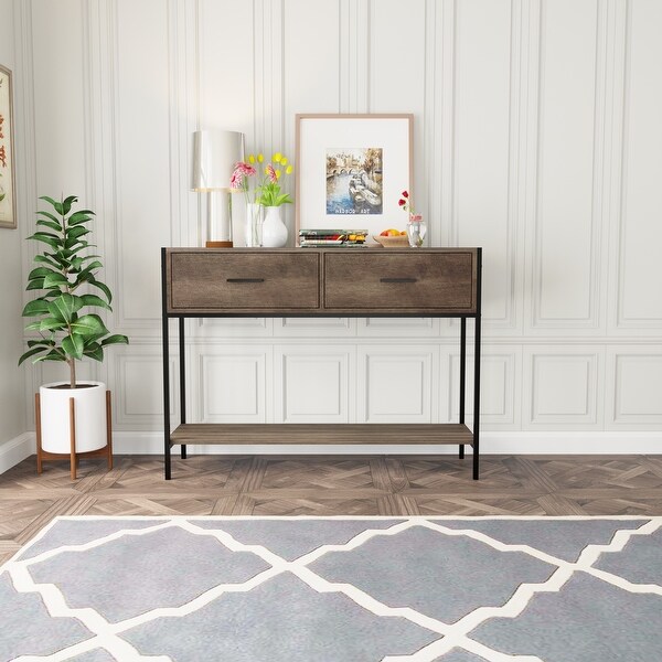 Classic Console Table with Two Top Drawers and Open Shelf,Vintage Storage with Sturdy Metal Frame