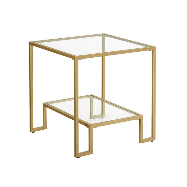 Side Table, End Table, Nightstand, Glass Shelves, Steel Frame, for Living Room Bedroom, 19.7 x 19.7 x 19.7 Inches, Golden