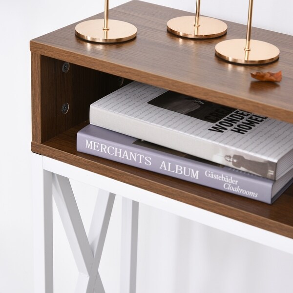 HOMCOM Industrial Style Entryway Console Table Desk with Shelf for Living Room, or Bedroom, Walnut Wood Grain