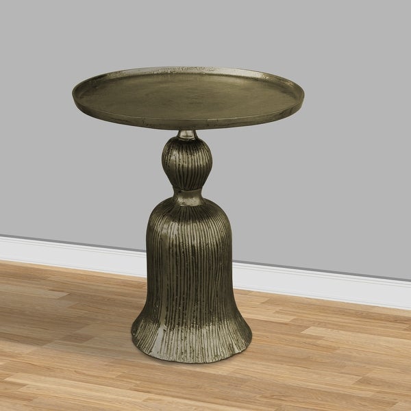 23 Inch Classic Vintage Accent Side Table, Round Tray Top, Aluminum, Pedestal Base, Ridges, Antique Brass