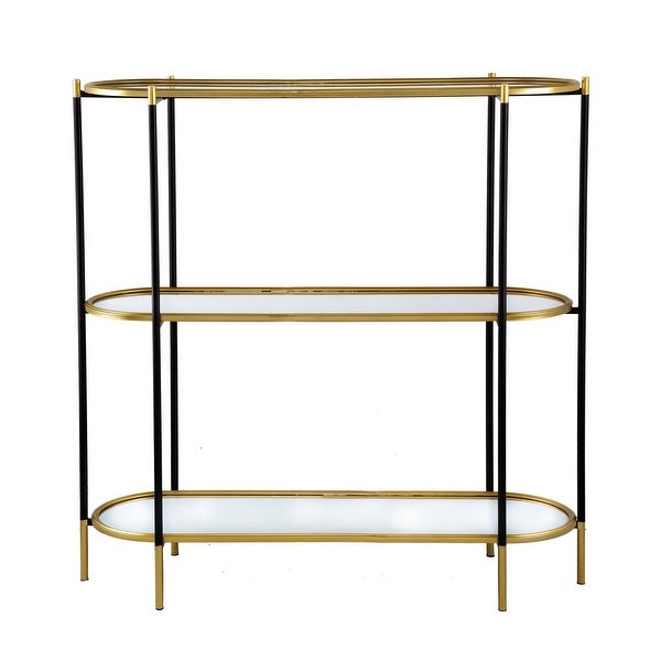 50 Inch Console Table, 3 Tier, Oblong Shaped Mirrored Top, Gold Iron Frame