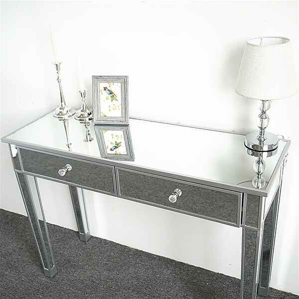 Mirrored 2-Drawer Media Console Table, Makeup Table Desk Vanity for Women Home Office Writing Desk Smooth Matte Silver Finish