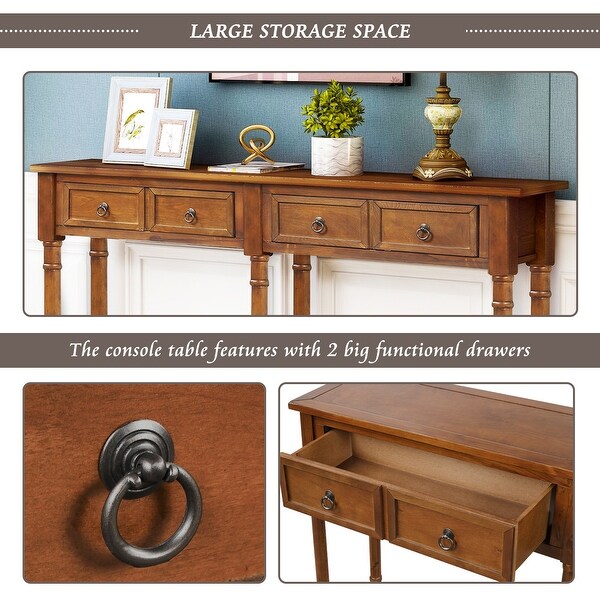 Rectangular Console Table Sofa Table with Drawers and Long Shelf, Walnut